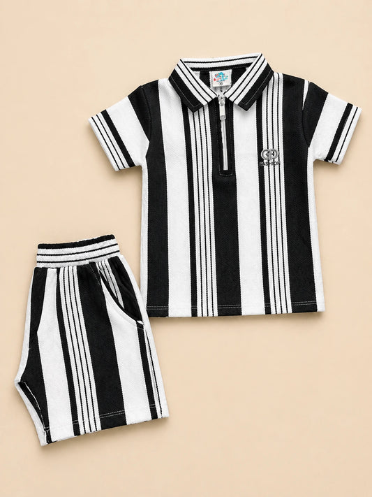 Black & White Striped Polo Shirt & Shorts Set