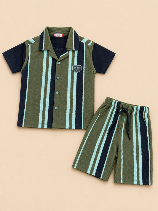 Green Striped Shirt & Shorts Set