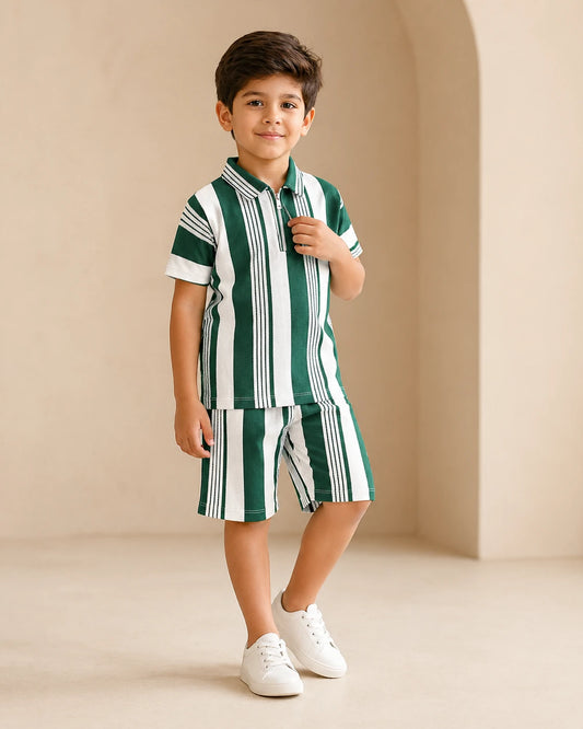 Green & White Striped Polo Shirt & Shorts Set