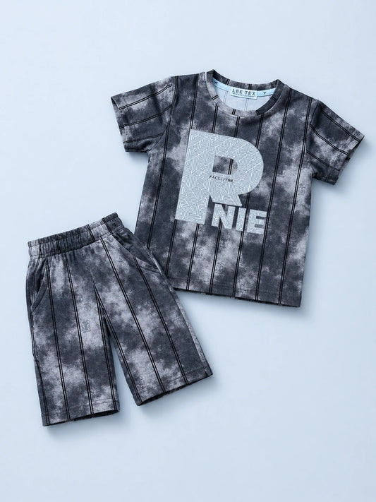 Grey Printed T-Shirt & Shorts Set