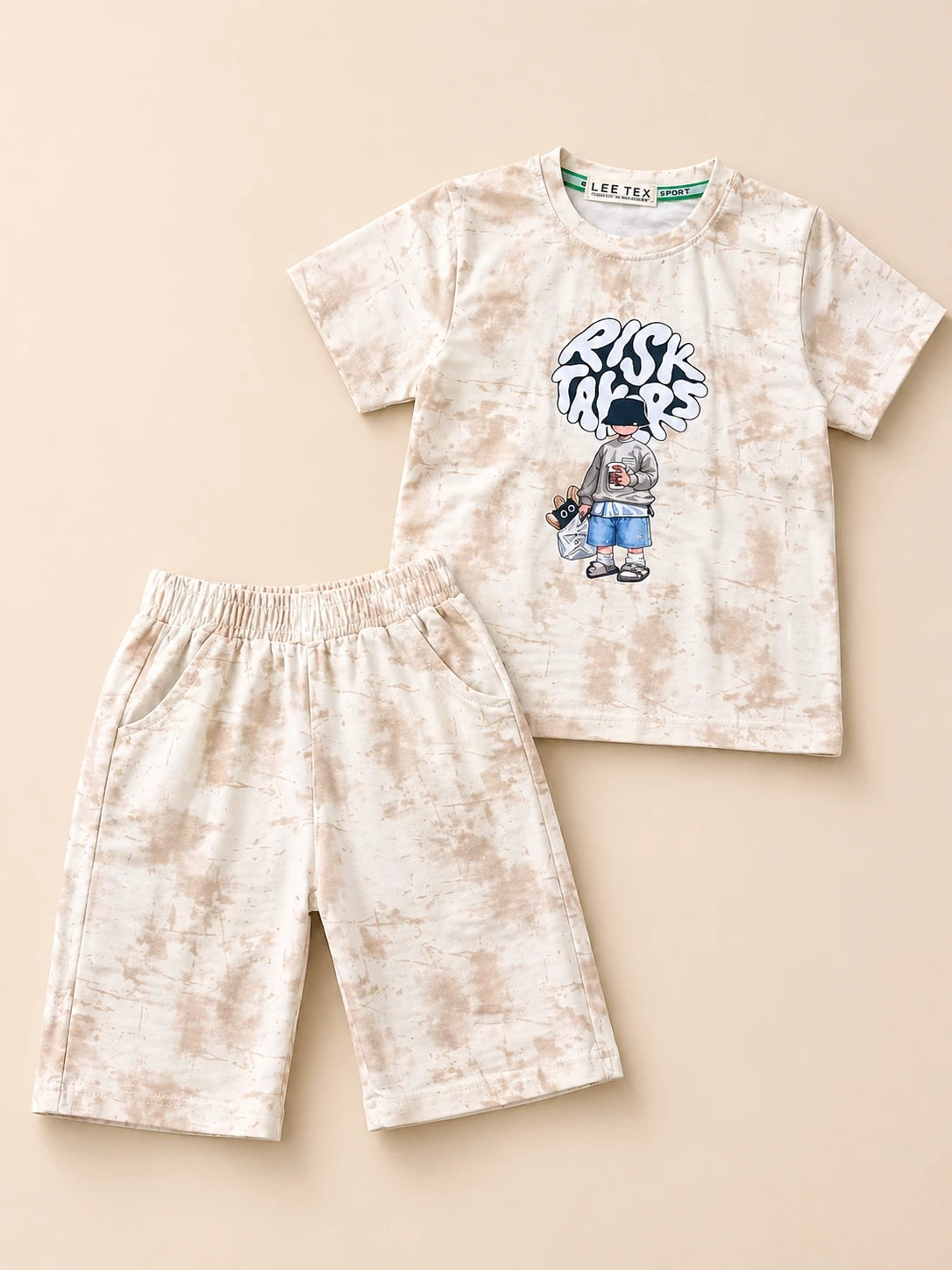 Beige Printed T-Shirt and Shorts