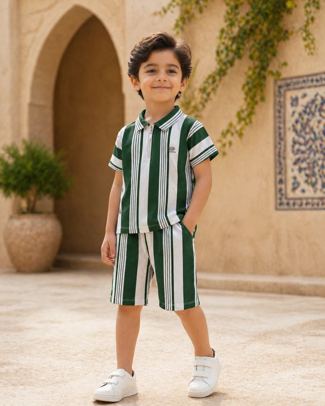 Green & White Striped Polo Shirt & Shorts Set