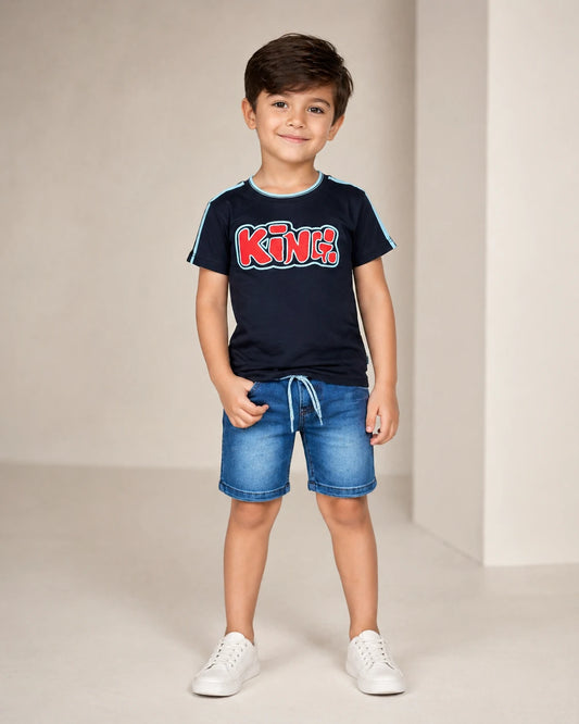 Black βKingβ T-Shirt & Denim Shorts Set