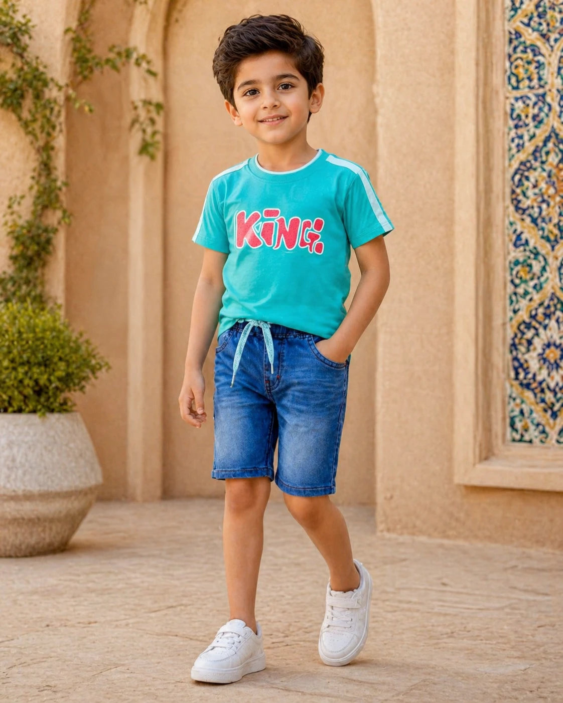 Teal “King” T-Shirt & Denim Shorts Set