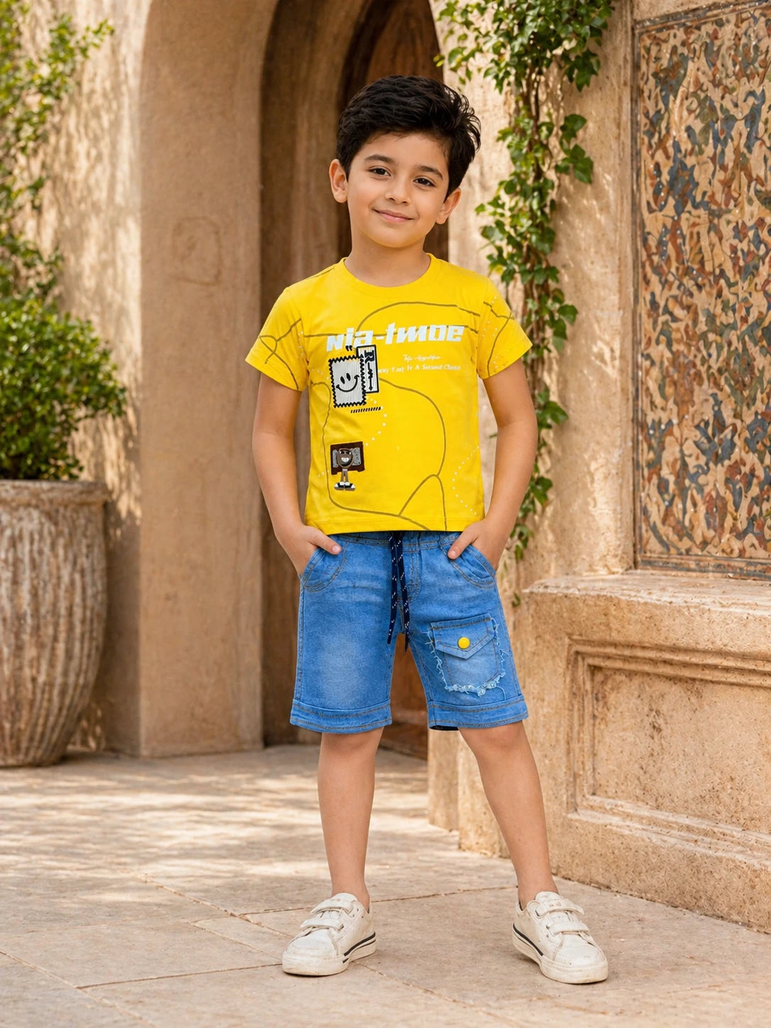 Yellow T-Shirt & Denim Shorts Set