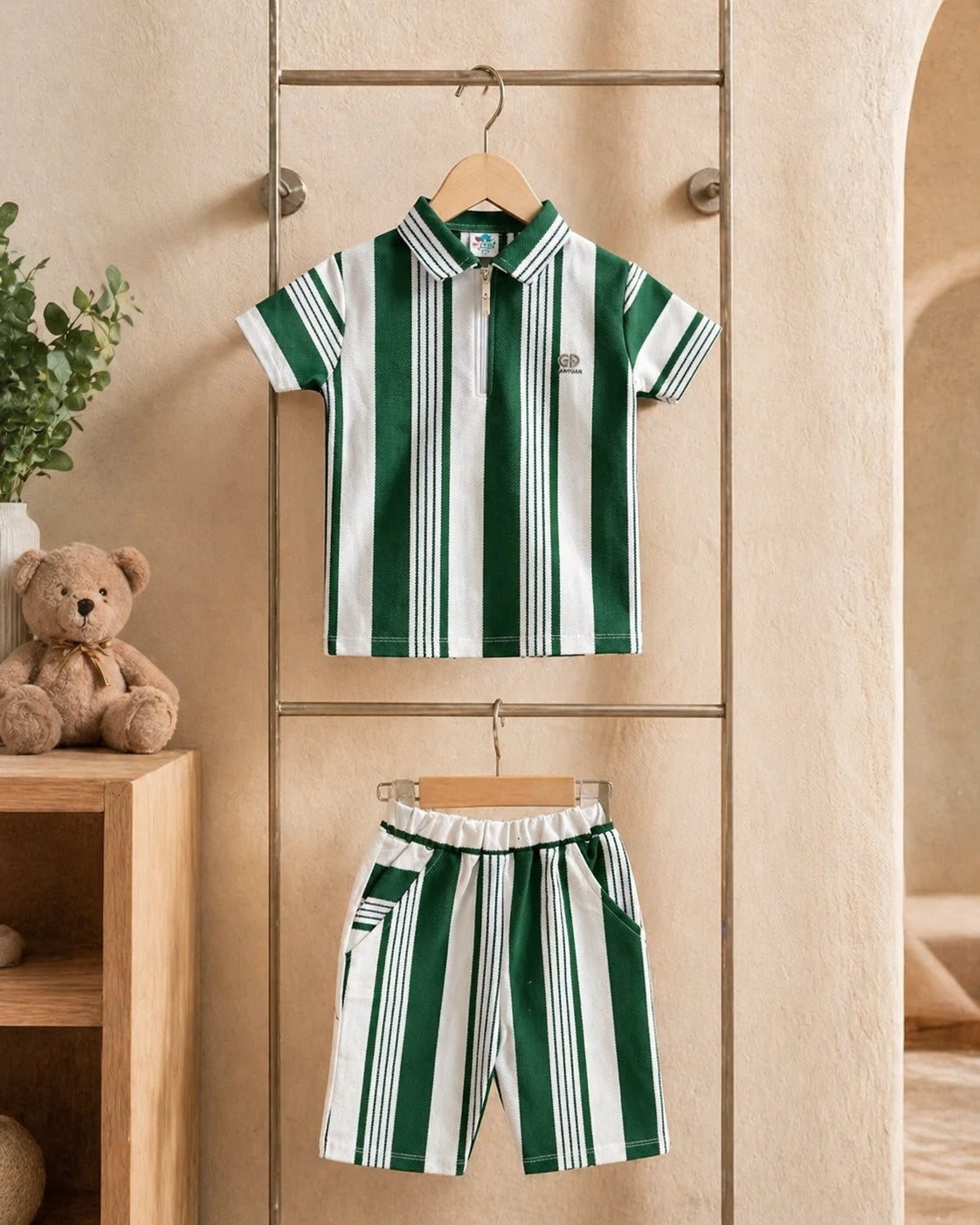 Green & White Striped Polo Shirt & Shorts Set