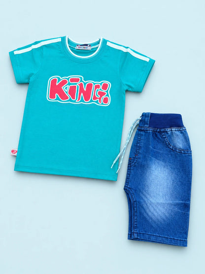 Teal “King” T-Shirt & Denim Shorts Set