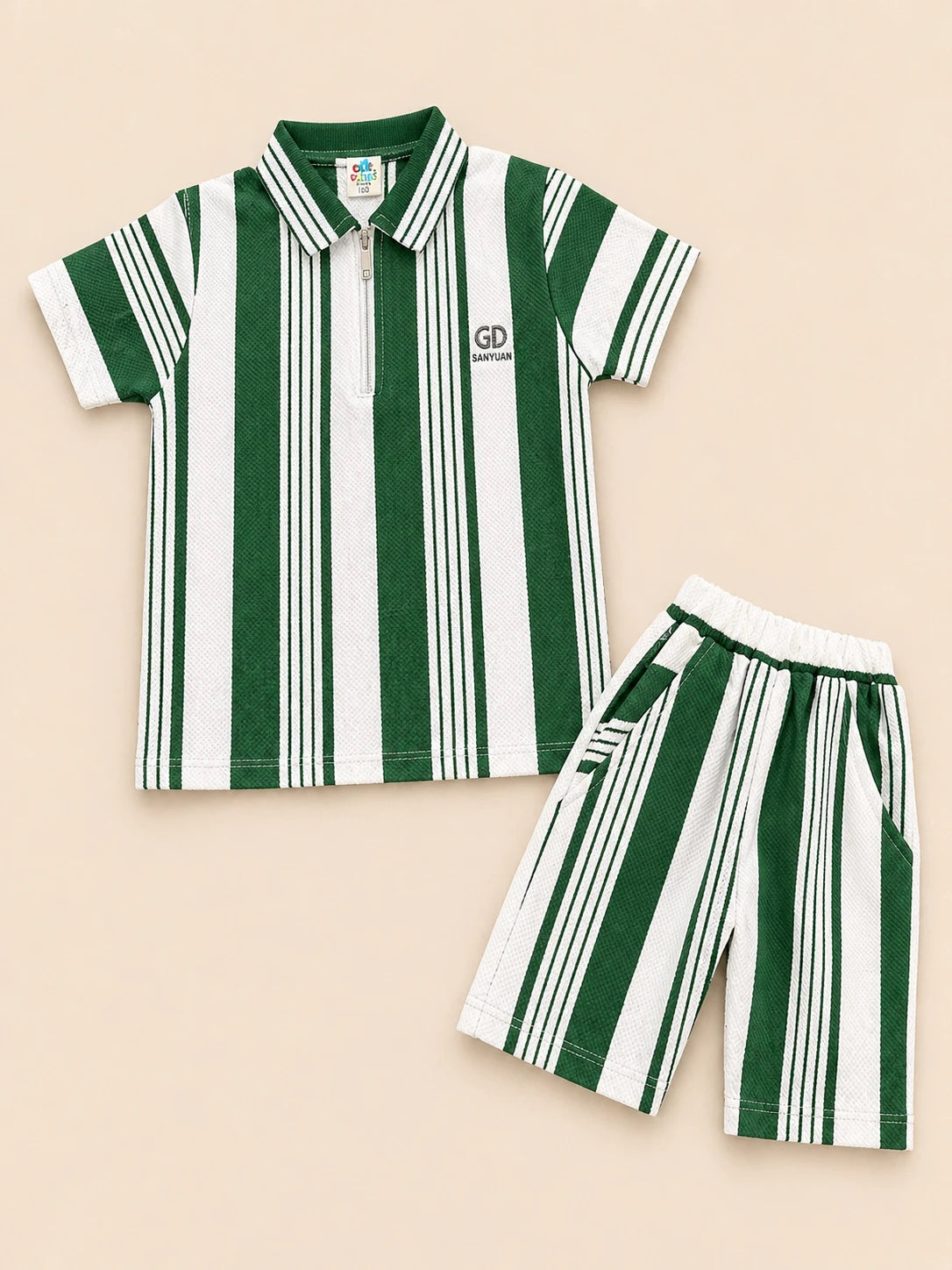 Green & White Striped Polo Shirt & Shorts Set