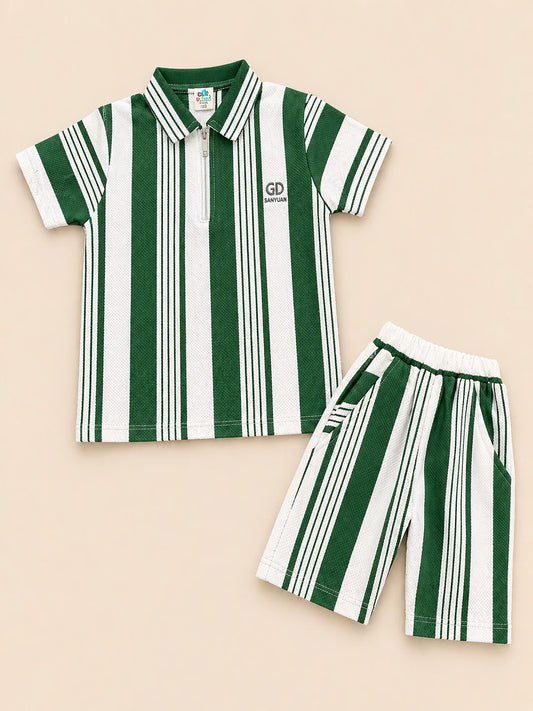 Green & White Striped Polo Shirt & Shorts Set