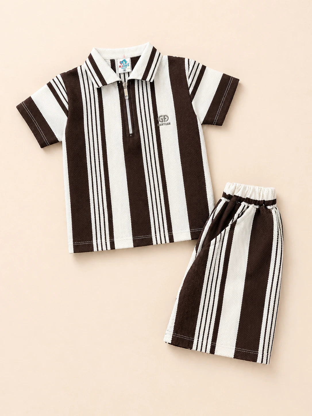 Brown & White Striped Polo Shirt & Shorts Set