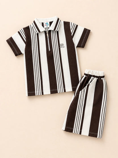 Brown & White Striped Polo Shirt & Shorts Set