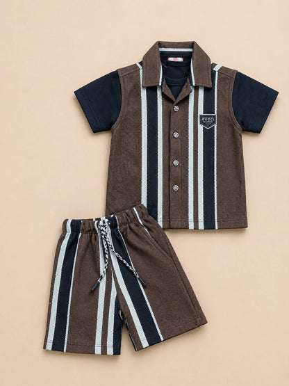 Brown Striped Shirt & Shorts Set