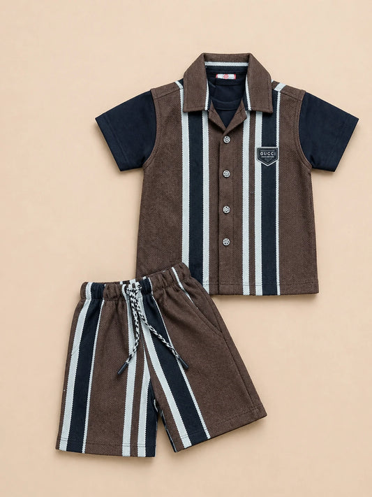 Brown Striped Shirt & Shorts Set