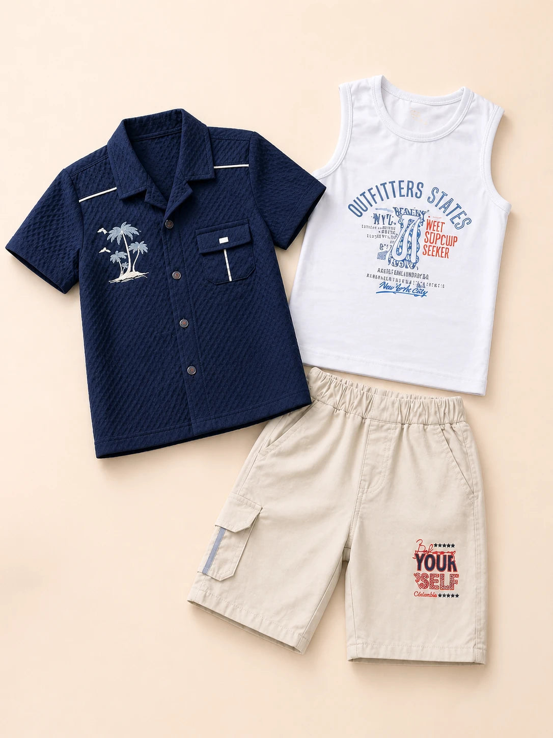 3-Piece Outfit Set – T-Shirt, Shirt & Shorts Casual Combo