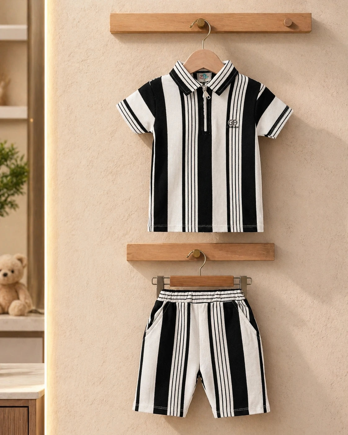 Black & White Striped Polo Shirt & Shorts Set