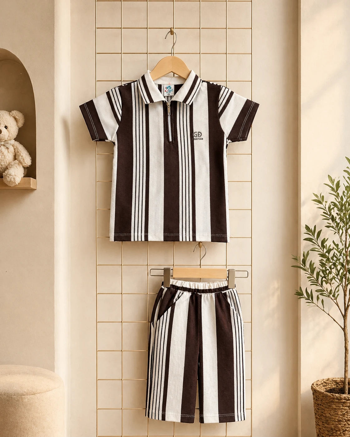 Brown & White Striped Polo Shirt & Shorts Set