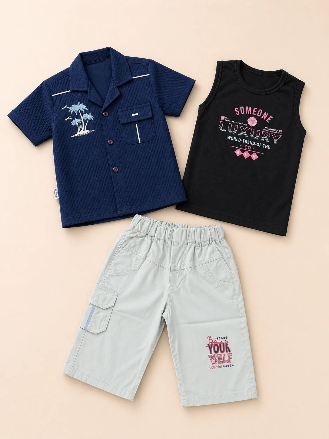 3-Piece Outfit Set – T-Shirt, Shirt & Shorts Boys Casual Wear