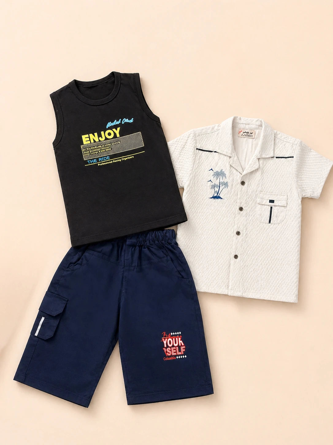 3-Piece Outfit Set – T-Shirt, Shirt & Shorts Casual Combo