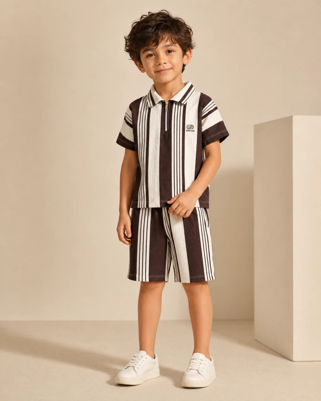 Brown & White Striped Polo Shirt & Shorts Set