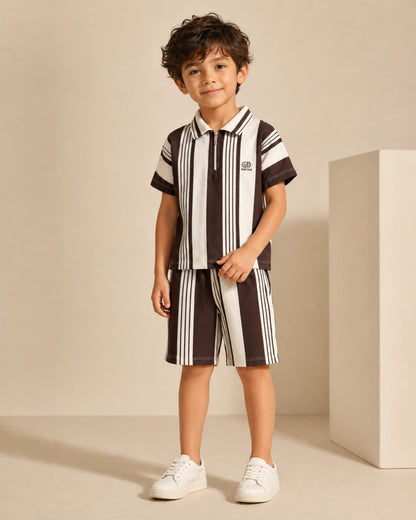 Brown & White Striped Polo Shirt & Shorts Set
