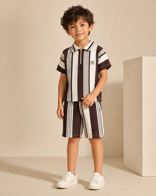 Brown & White Striped Polo Shirt & Shorts Set