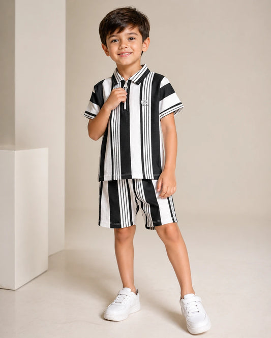Black & White Striped Polo Shirt & Shorts Set