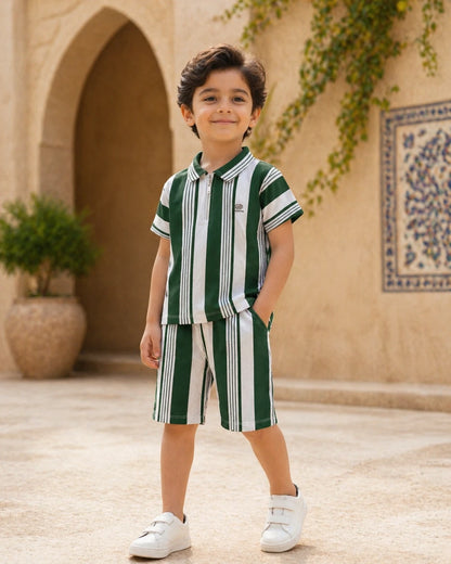 Green & White Striped Polo Shirt & Shorts Set