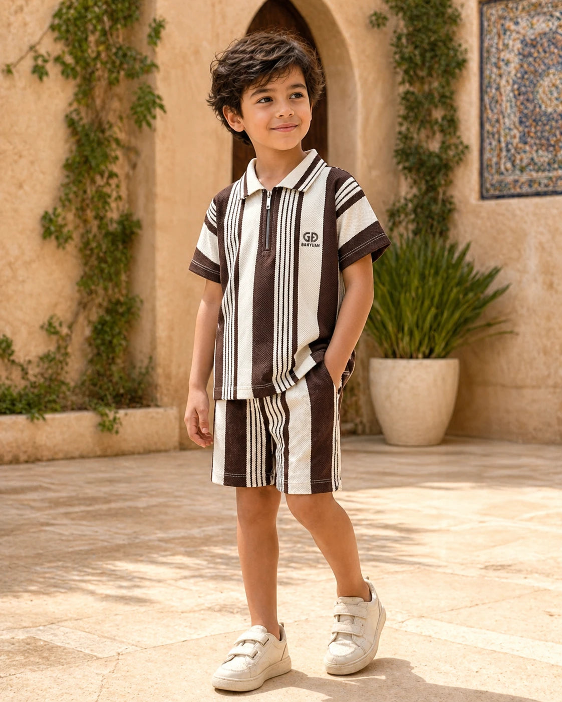 Brown & White Striped Polo Shirt & Shorts Set