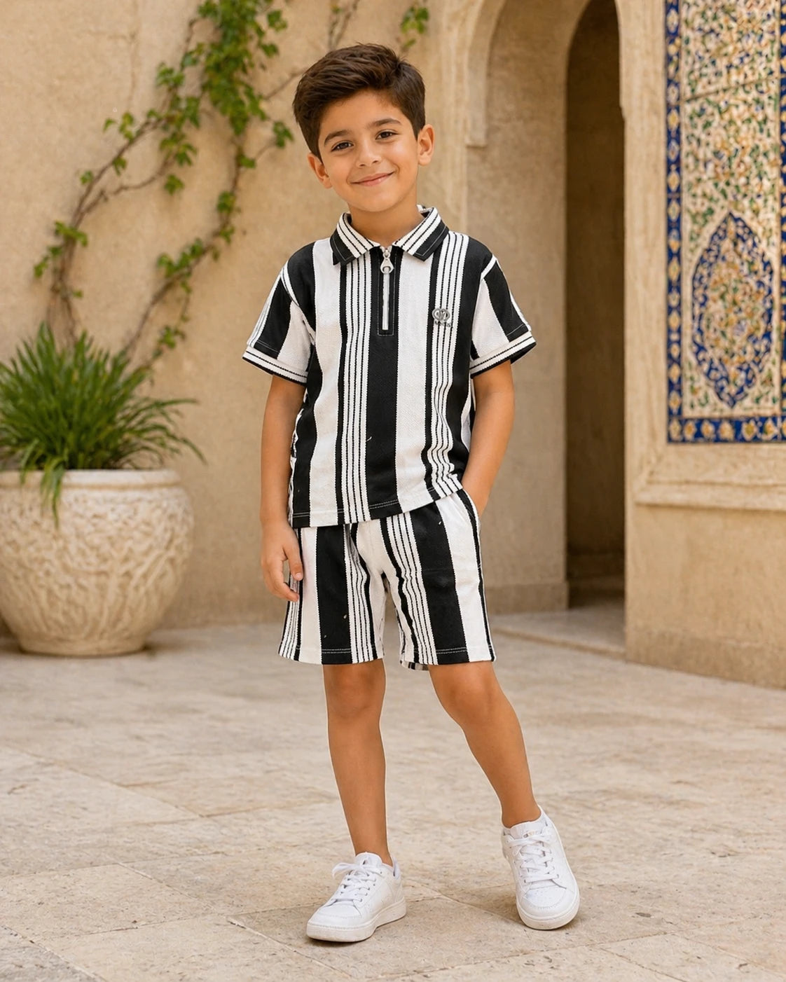 Black & White Striped Polo Shirt & Shorts Set