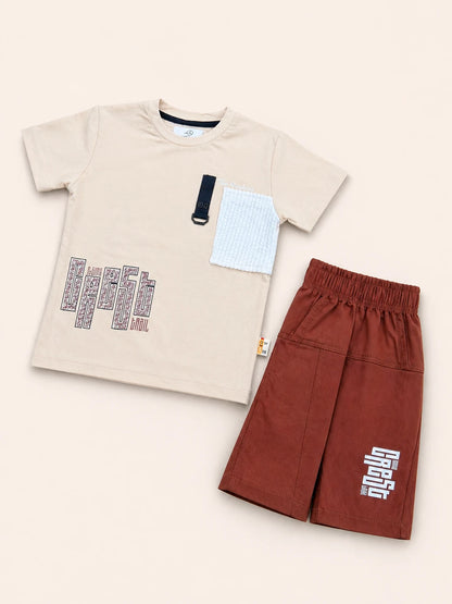 Beige Graphic T-Shirt & Brown Cargo Pants Set