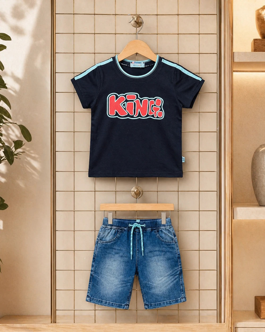 Black “King” T-Shirt & Denim Shorts Set