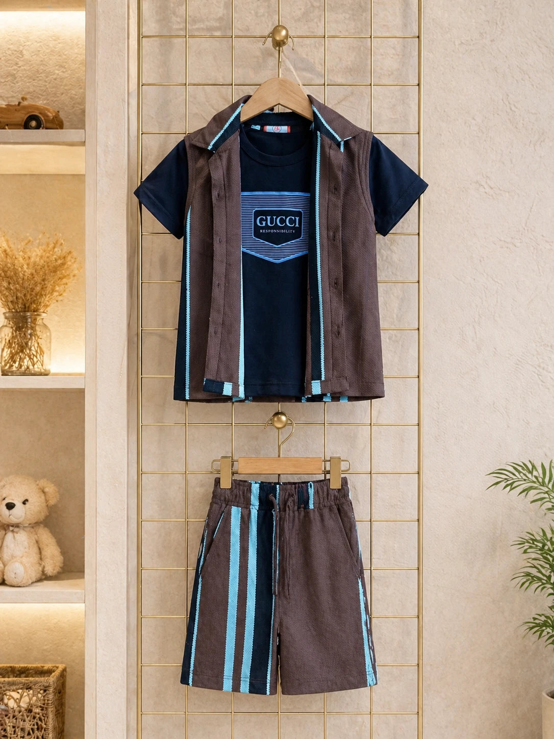 Brown Striped Shirt & Shorts Set