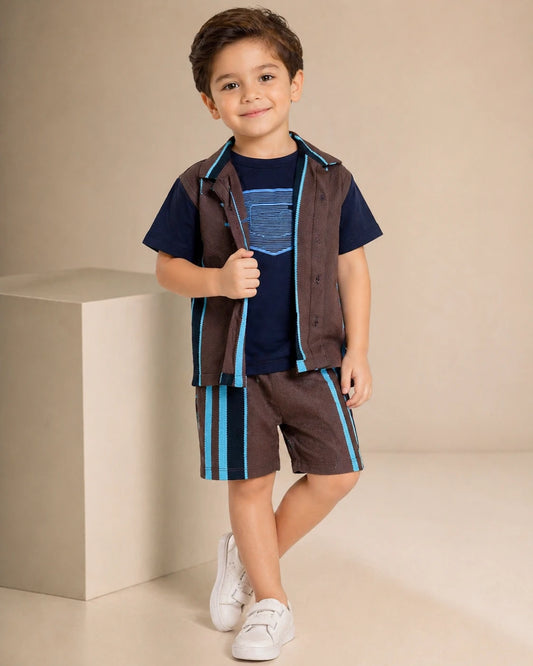 Brown Striped Shirt & Shorts Set