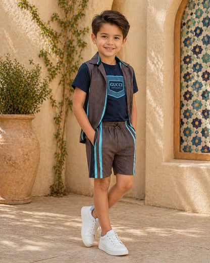 Brown Striped Shirt & Shorts Set