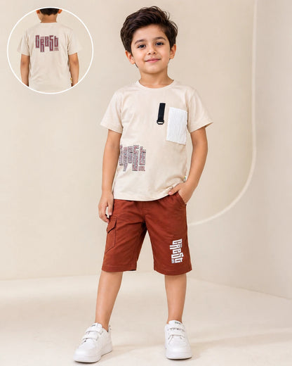 Beige Graphic T-Shirt & Brown Cargo Pants Set