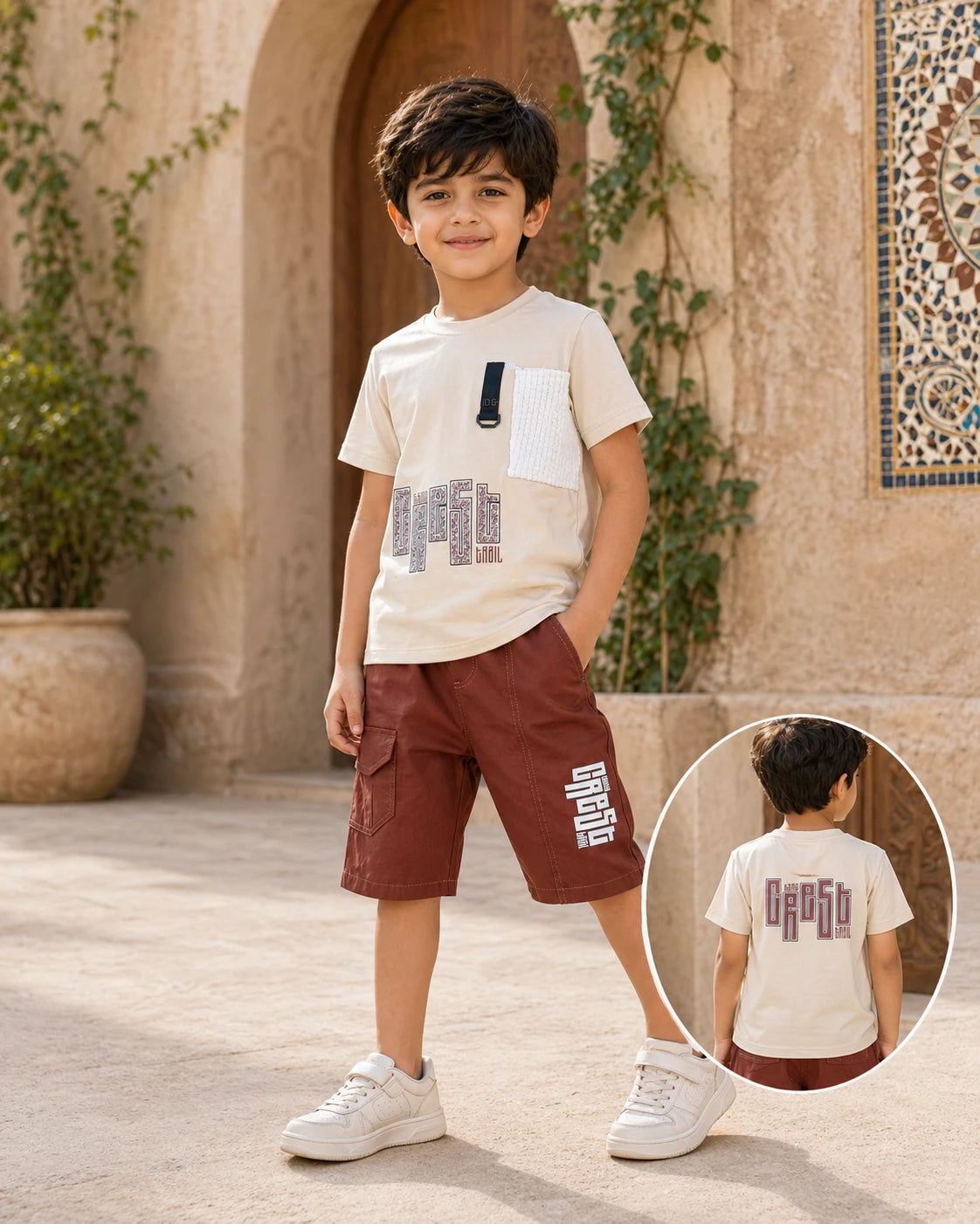 Beige Graphic T-Shirt & Brown Cargo Pants Set