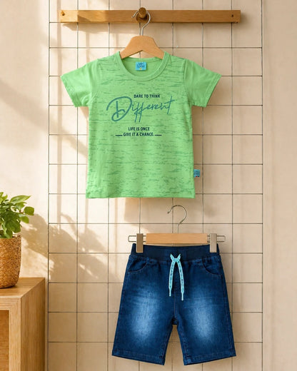 Green T-Shirt & Denim Shorts Set