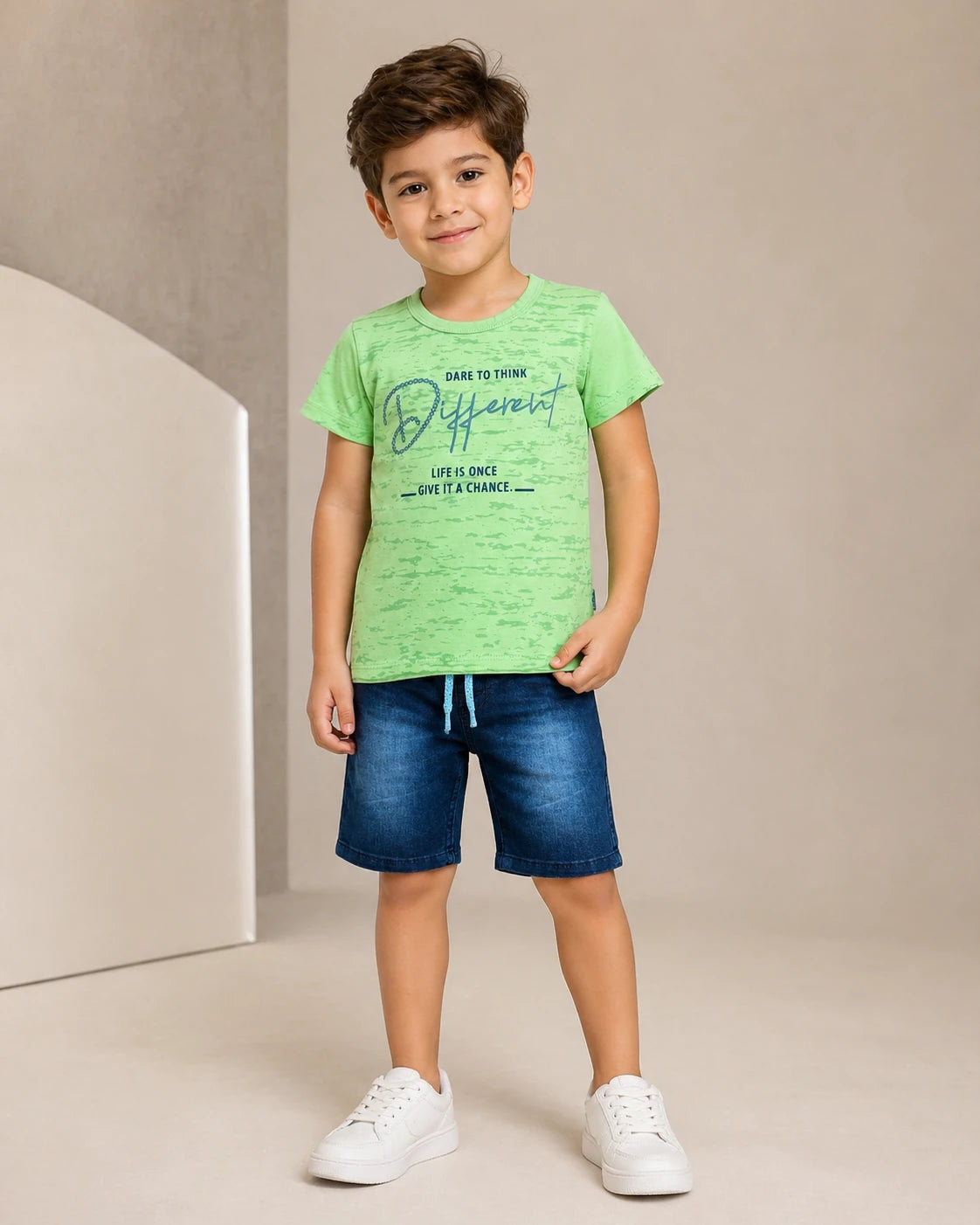 Green T-Shirt & Denim Shorts Set