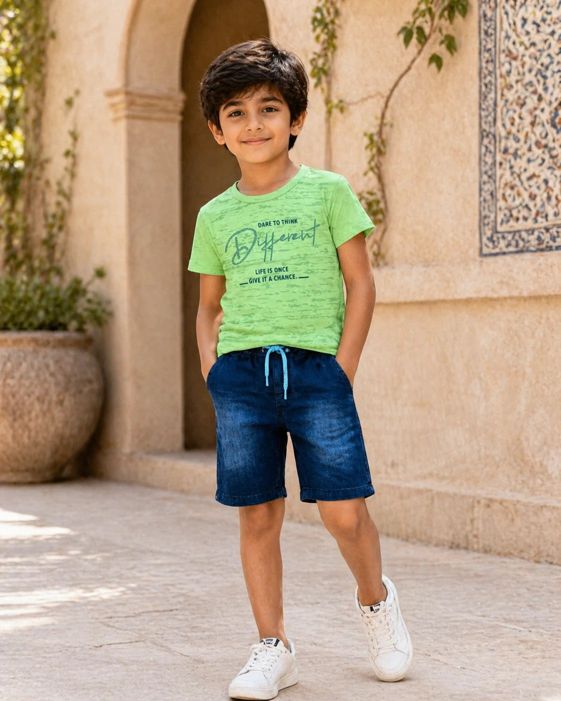 Green T-Shirt & Denim Shorts Set