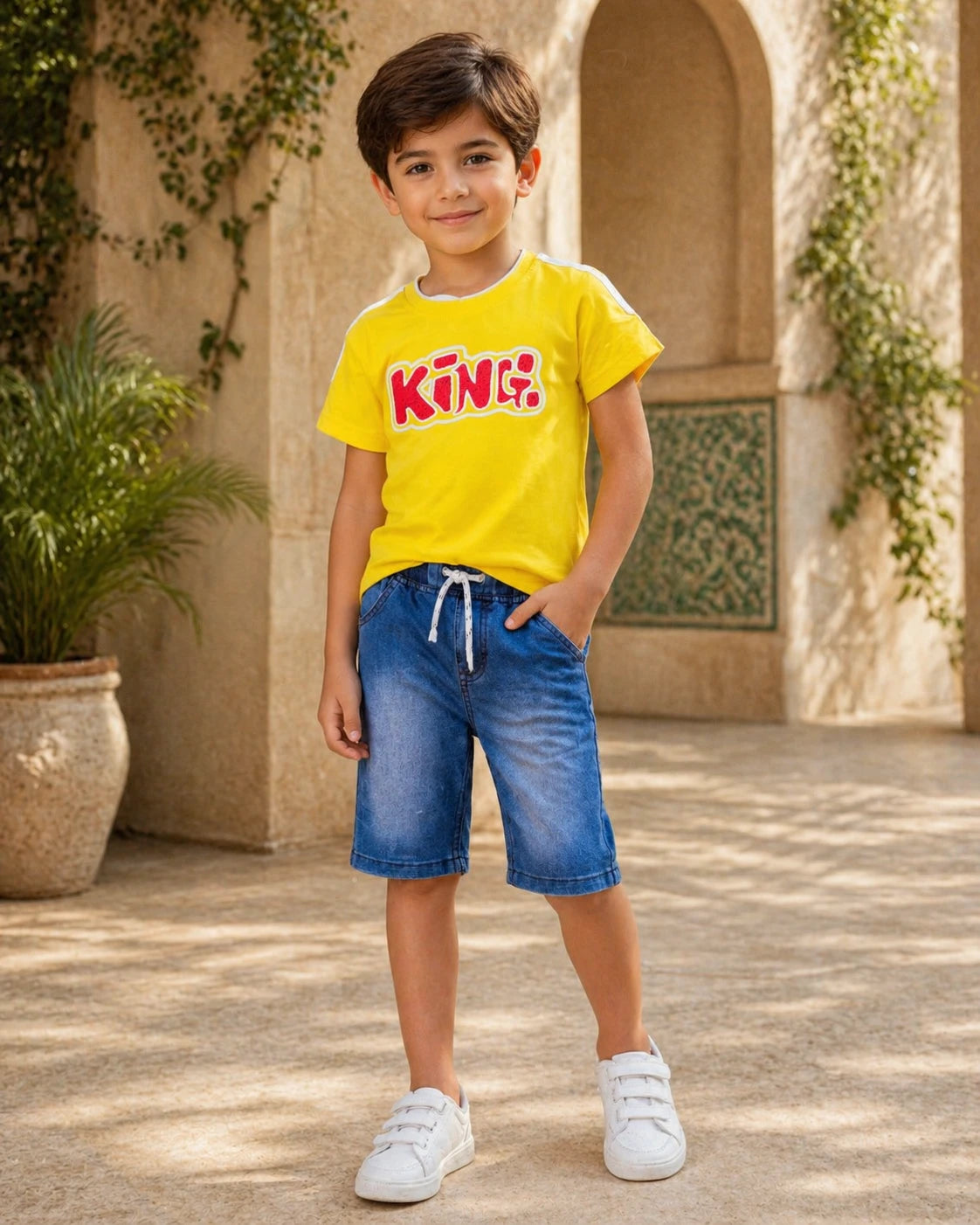 Yellow “King” T-Shirt & Denim Shorts Set